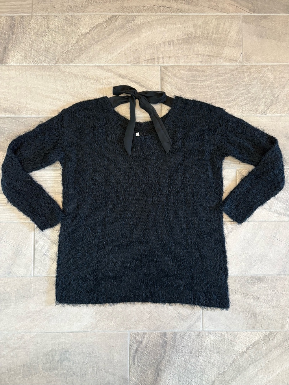 PinkBlush Maternity Black Textured Fuzzy Knit Sweater Top - Tie Back - Size S/M - Picture 2 of 8